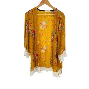 Rewind Floral Kimono Cardigan Mustard Yellow Crochet Lace Trim XL
